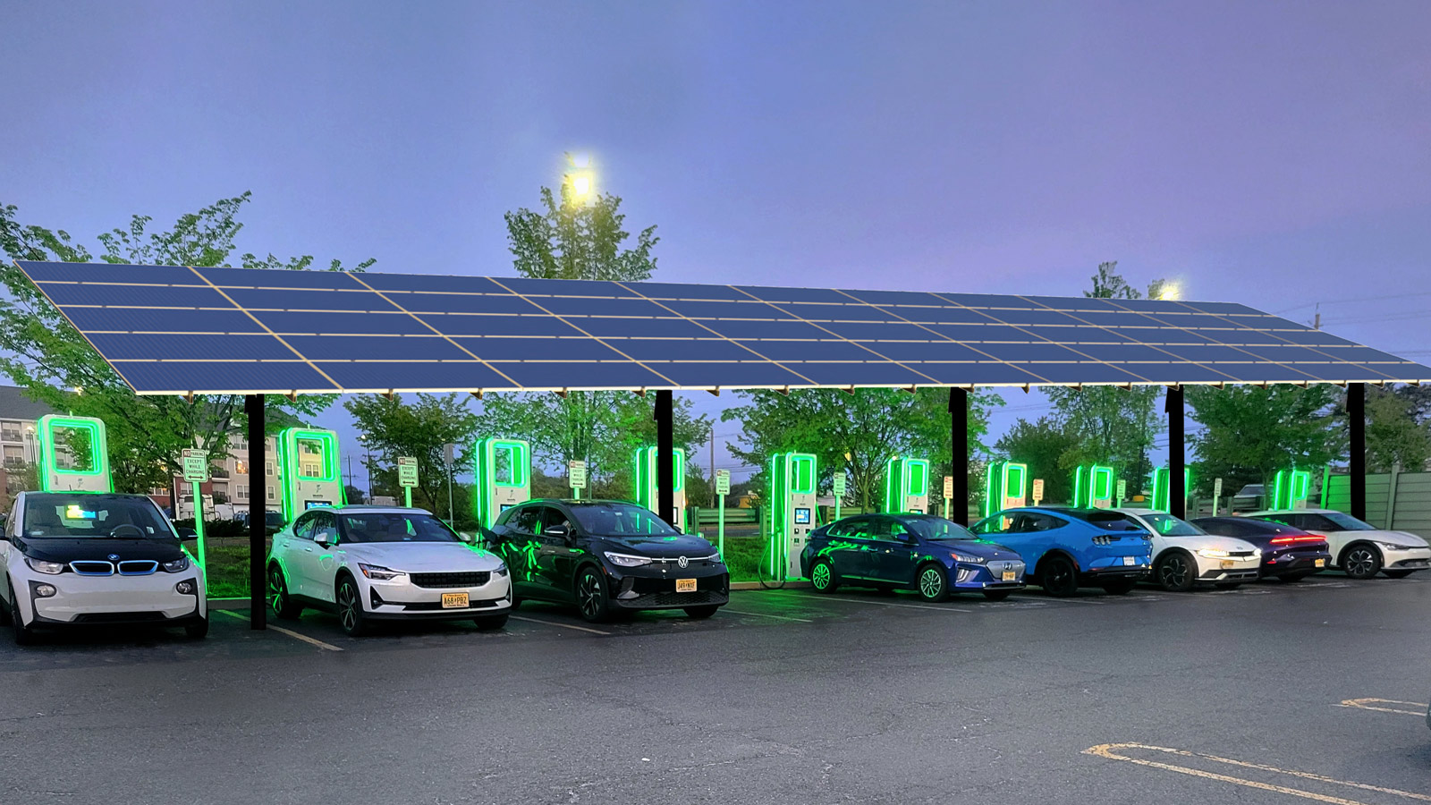 Electric vehicles charging underneath an solar carport
