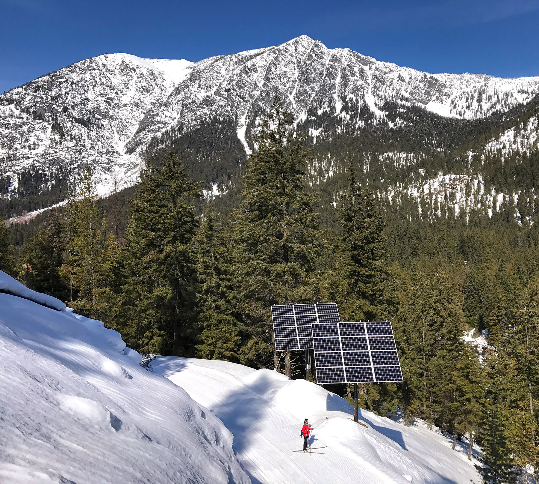 two pole mounted solar arrays with cross country skier and snowy mountains